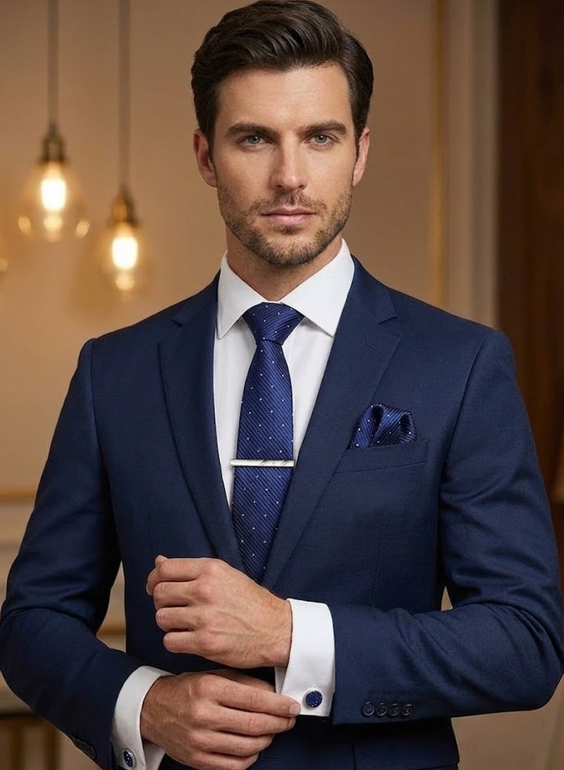 FIORICASA Men’s Premium 4-Piece Tie Gift Set – Navy Dot Tie, Cufflinks, Tie Clip & Matching Pocket Square - Image 5